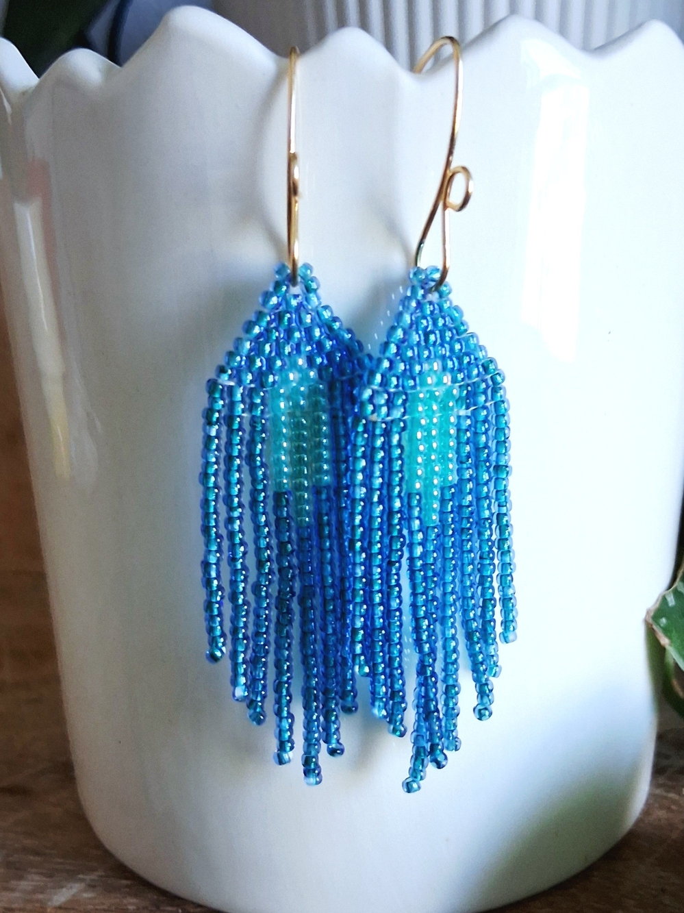 Handcrafted Turquoise & Blue Beaded Fringe Earrings with Gold Hooks